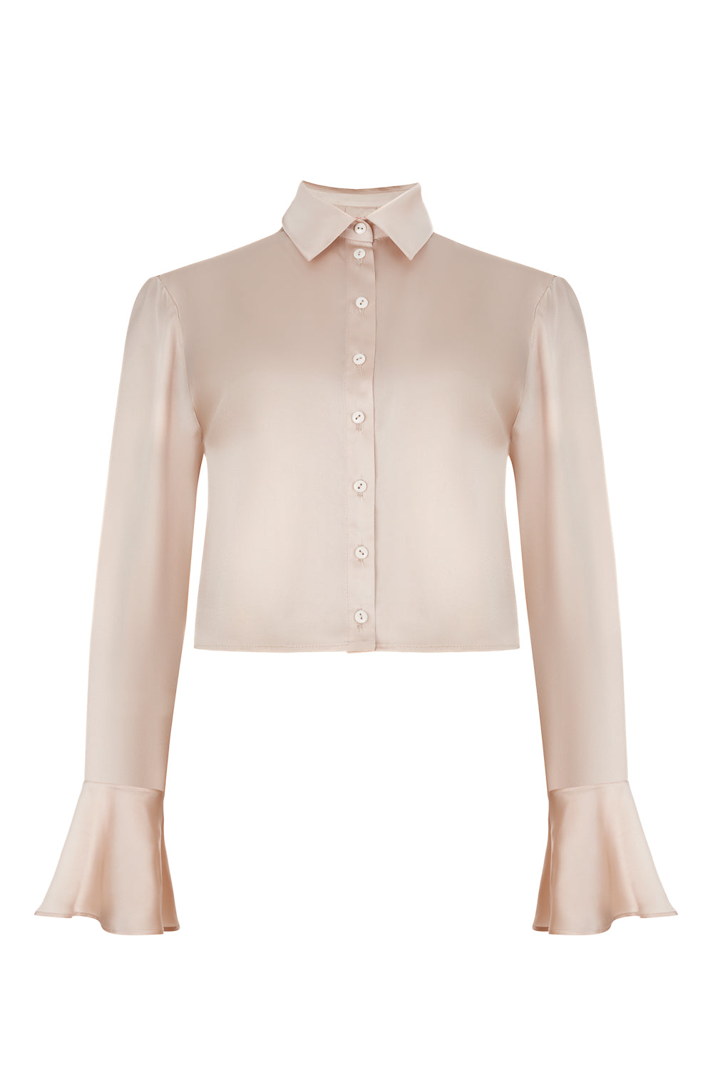 Short Silk Shirt in Porcelain With Flared Frill Sleeves - silk&jam